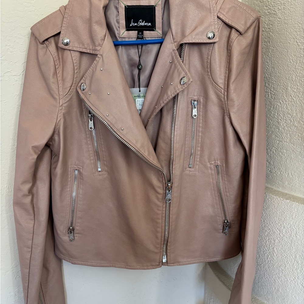 Sam Edelman Blush Faux Leather Jacket with Silver Zippers New
